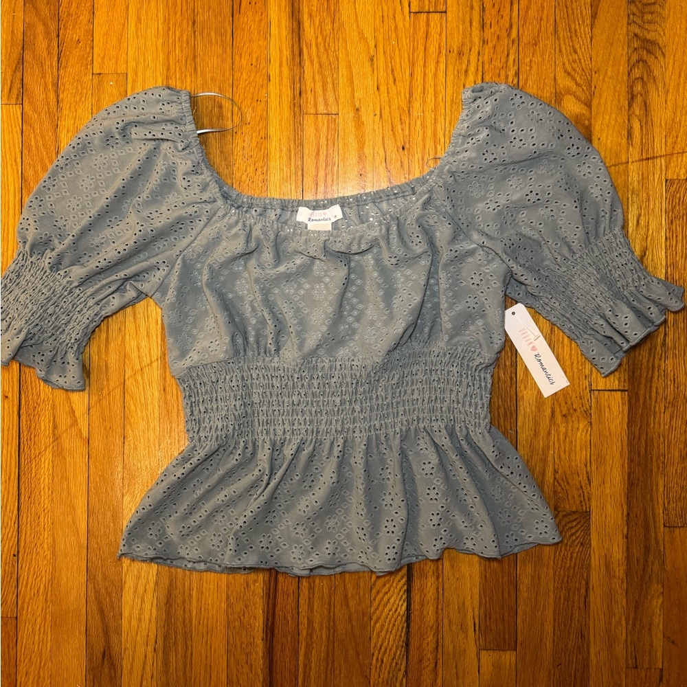 Puff Sleeve Smocked Waist Eyelit Peplum Top